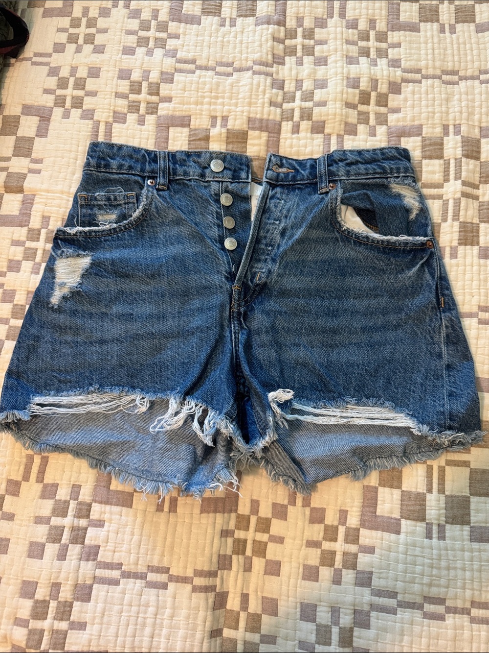 H&M Distressed Dark Blue High-Rise Denim Shorts
